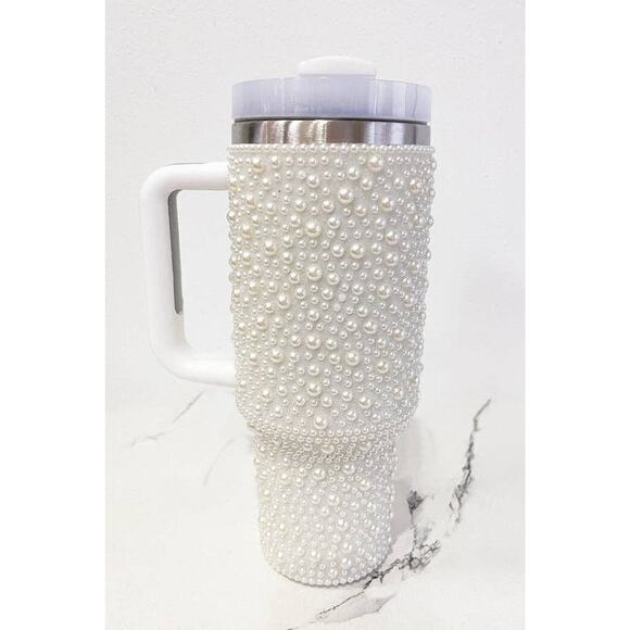 40 oz White Pearl Studded Stainless Steel Tumbler with Handle - Picture 5 of 5